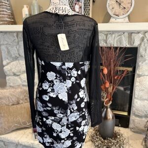 Black and White Long Sleeve Mock Neck Bodycon Dress